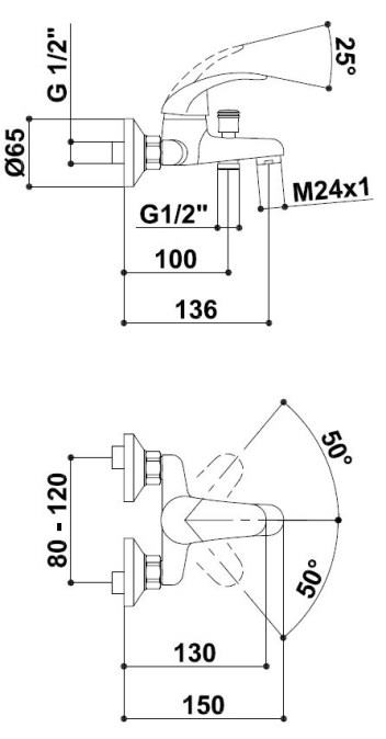 Vaňová nástenná batéria 100mm, s prepínačom, chróm