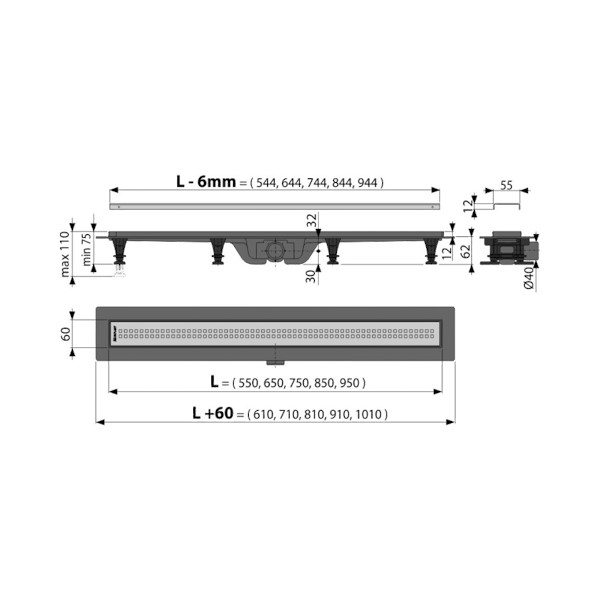 Alcadrain podlahový žľab s okrajom pre perforovaný rošt 950mm