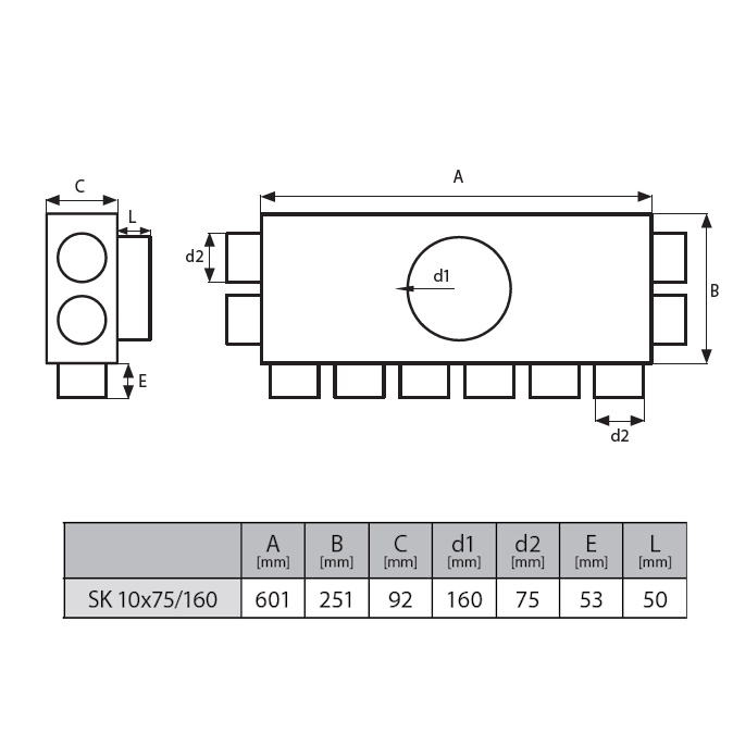 Rozdeľovací box jednoradový 10x75mm/160mm kolmý