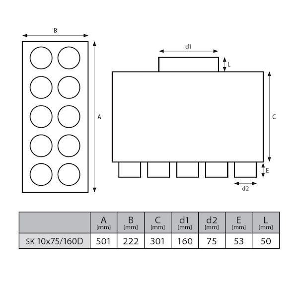 Rozdeľovací box dvojradový 10x75mm/160mm vodorovný