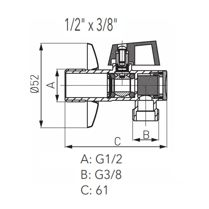 Novaservis ventil guľový rohový 1/2" x 3/8" kovová páčka