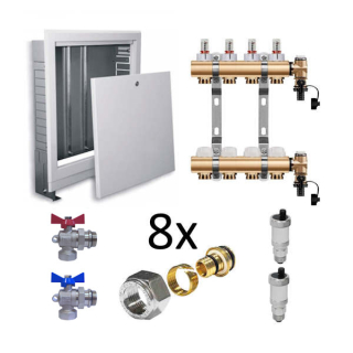 Set pre 4 okruhy skrinka podomietková guľové ventily rohové 1", pre 16mm rúrku